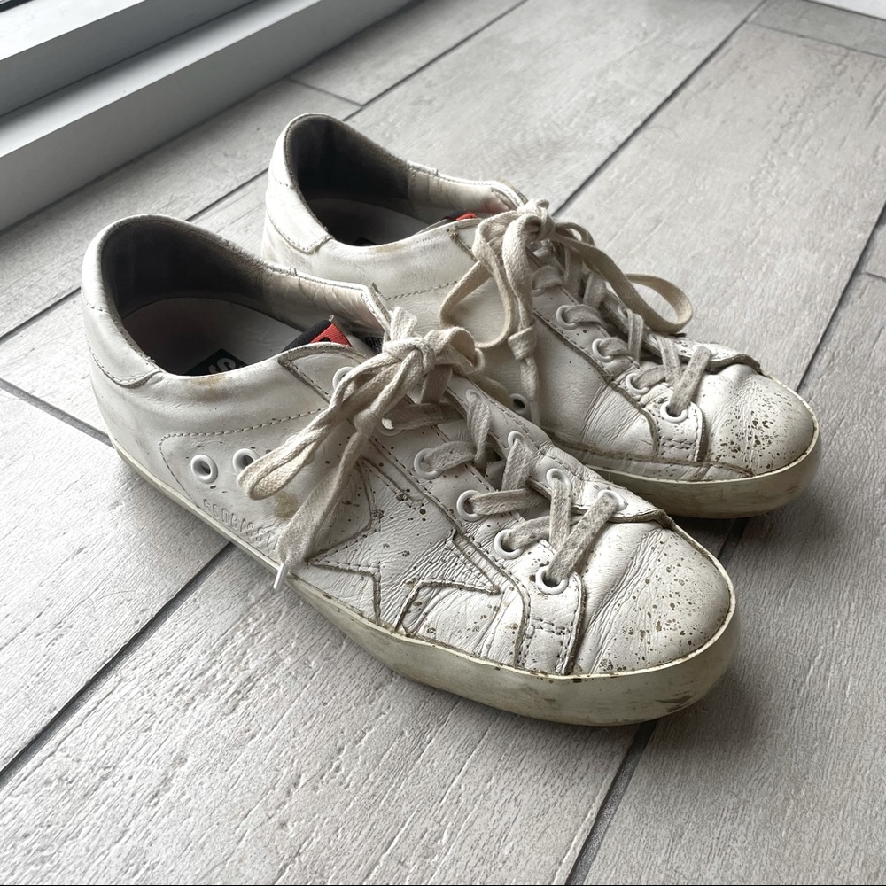 All white golden goose sneakers